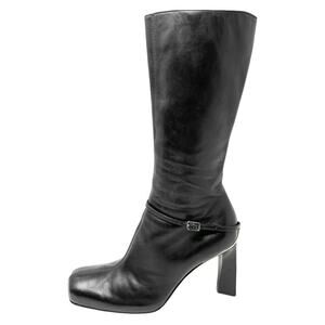 Gianni Versace Y2K Style Black Leather Knee-High Boots 39.5 Square Toe Heels